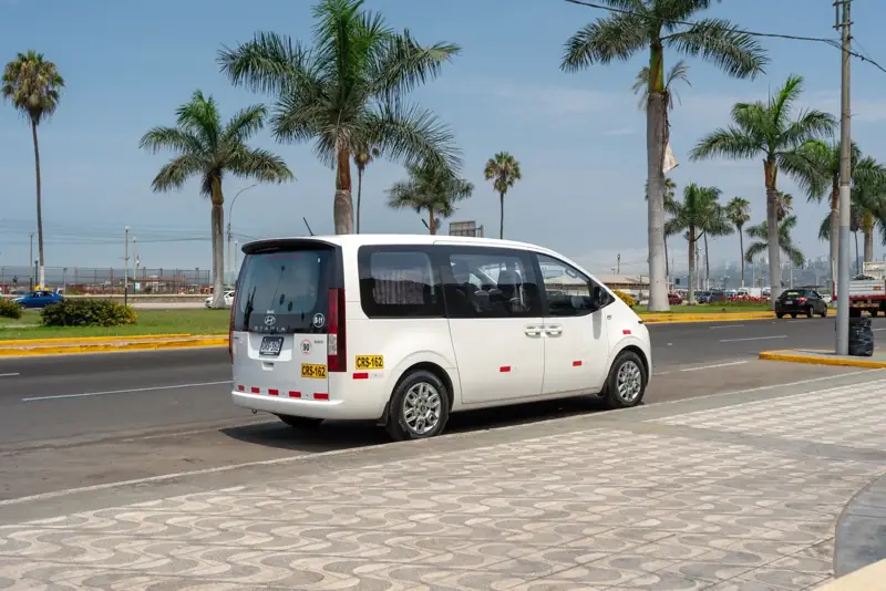 Van Suisper junto a una avenida con palmeras en la costa de Lima